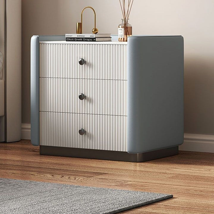 Modern Luxury Rectangular Desktop Faux Leather Particle Board Slab Nightstand 3-Drawer For Bedroom