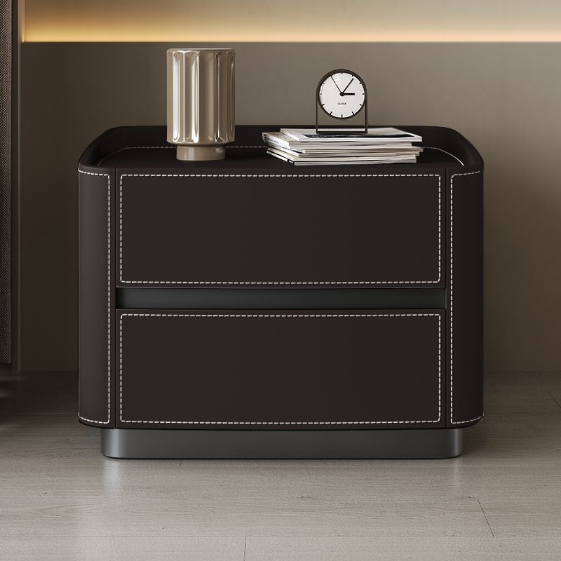 Modern Minimalist Rectangular Tabletop Solid Wood Saddle Leather Nightstand 2-Drawer For Bedroom