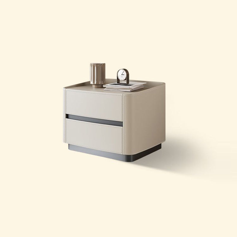 Modern Minimalist Rectangular Tabletop Solid Wood Saddle Leather Nightstand 2-Drawer For Bedroom