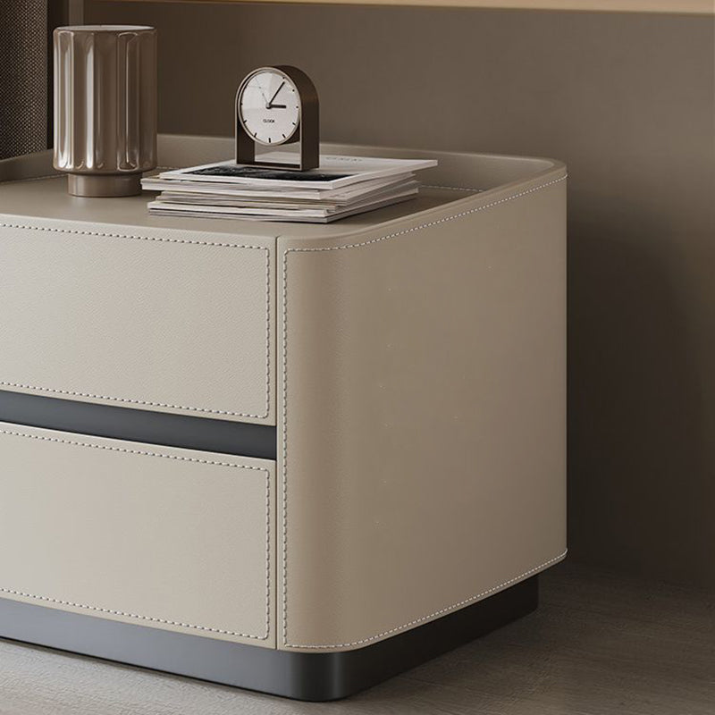 Modern Minimalist Rectangular Tabletop Solid Wood Saddle Leather Nightstand 2-Drawer For Bedroom