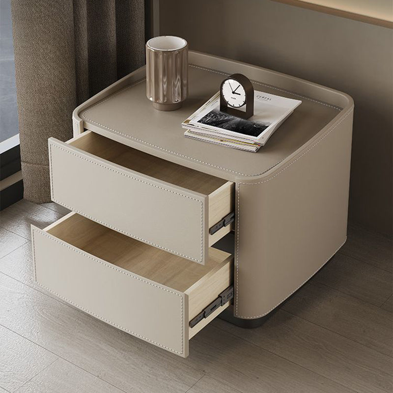 Modern Minimalist Rectangular Tabletop Solid Wood Saddle Leather Nightstand 2-Drawer For Bedroom