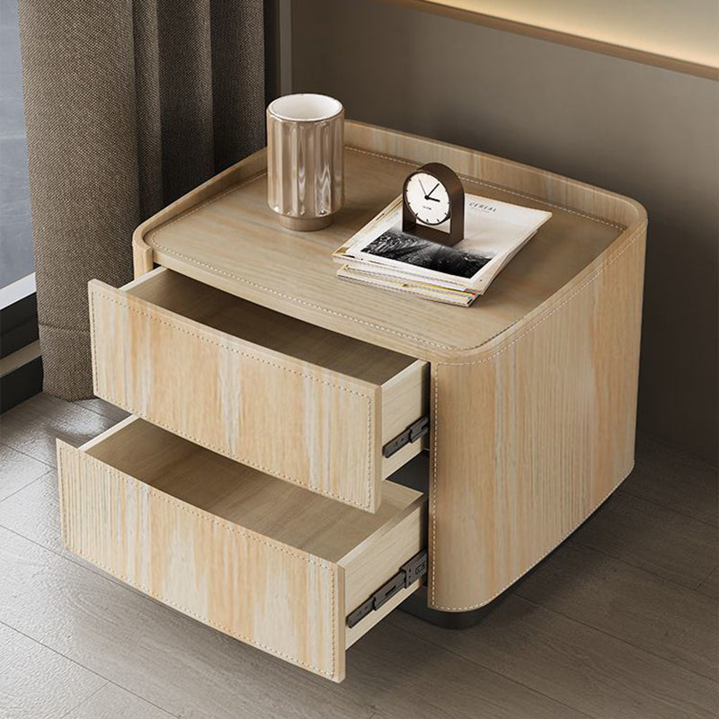 Modern Minimalist Rectangular Tabletop Solid Wood Saddle Leather Nightstand 2-Drawer For Bedroom