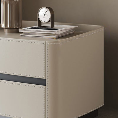 Modern Minimalist Rectangular Tabletop Solid Wood Saddle Leather Nightstand 2-Drawer For Bedroom