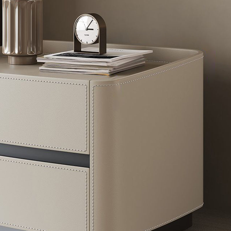 Modern Minimalist Rectangular Tabletop Solid Wood Saddle Leather Nightstand 2-Drawer For Bedroom
