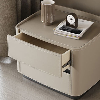 Modern Minimalist Rectangular Tabletop Solid Wood Saddle Leather Nightstand 2-Drawer For Bedroom