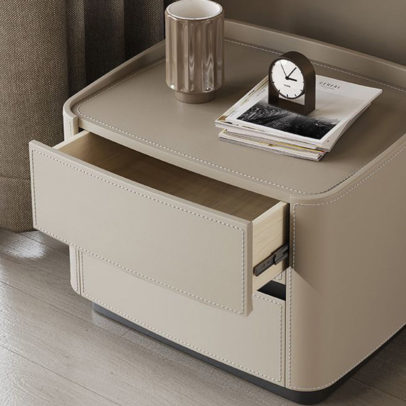 Modern Minimalist Rectangular Tabletop Solid Wood Saddle Leather Nightstand 2-Drawer For Bedroom