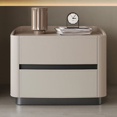 Modern Minimalist Rectangular Tabletop Solid Wood Saddle Leather Nightstand 2-Drawer For Bedroom