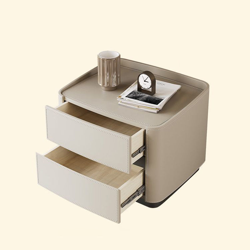 Modern Minimalist Rectangular Tabletop Solid Wood Saddle Leather Nightstand 2-Drawer For Bedroom