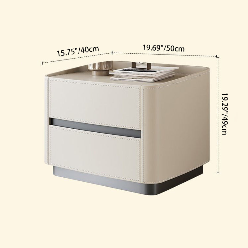 Modern Minimalist Rectangular Tabletop Solid Wood Saddle Leather Nightstand 2-Drawer For Bedroom