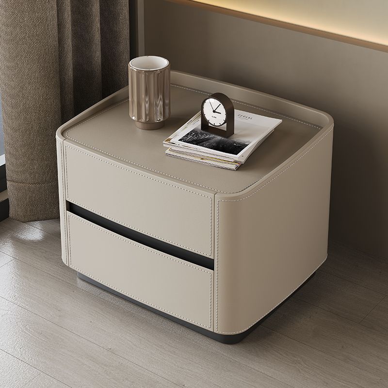 Modern Minimalist Rectangular Tabletop Solid Wood Saddle Leather Nightstand 2-Drawer For Bedroom