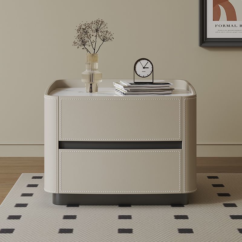 Modern Minimalist Rectangular Tabletop Solid Wood Saddle Leather Nightstand 2-Drawer For Bedroom