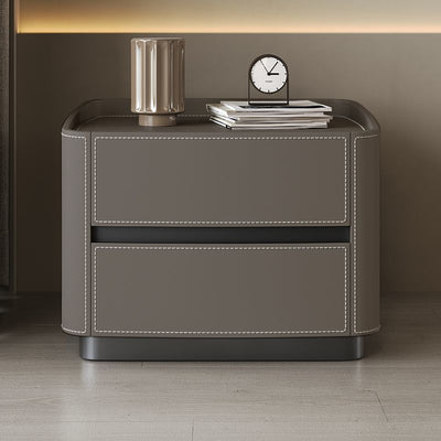 Modern Minimalist Rectangular Tabletop Solid Wood Saddle Leather Nightstand 2-Drawer For Bedroom