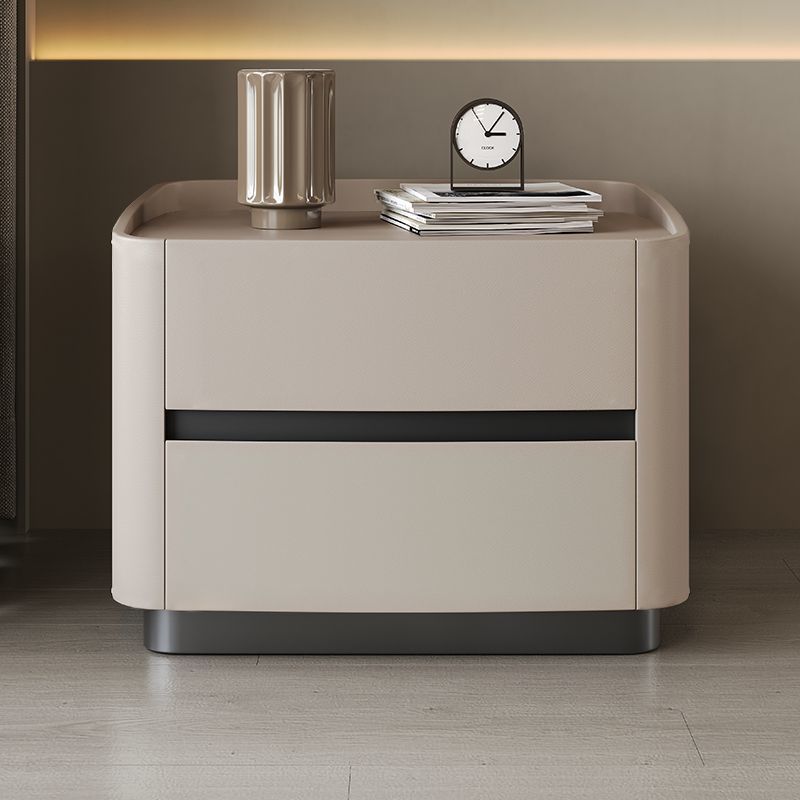 Modern Minimalist Rectangular Tabletop Solid Wood Saddle Leather Nightstand 2-Drawer For Bedroom