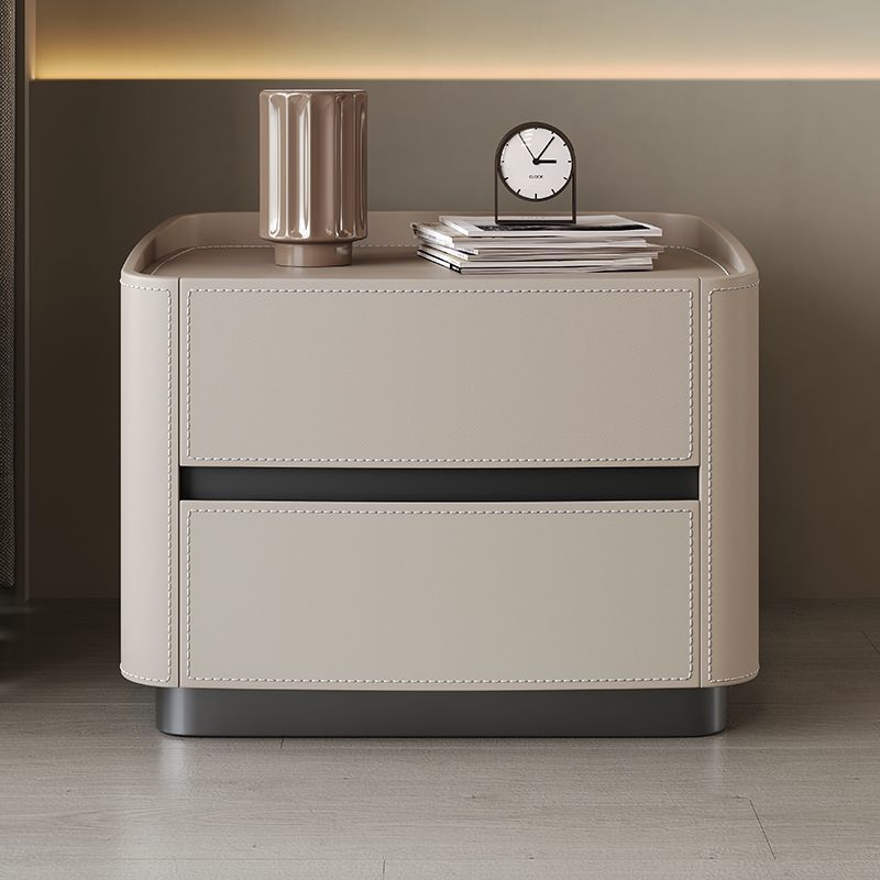 Modern Minimalist Rectangular Tabletop Solid Wood Saddle Leather Nightstand 2-Drawer For Bedroom
