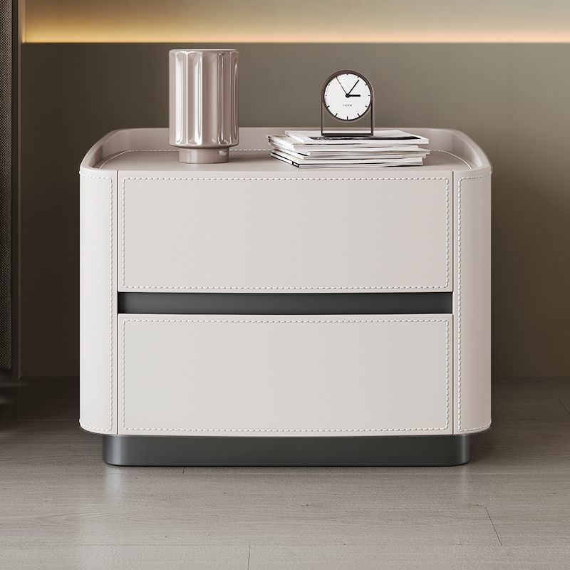Modern Minimalist Rectangular Tabletop Solid Wood Saddle Leather Nightstand 2-Drawer For Bedroom