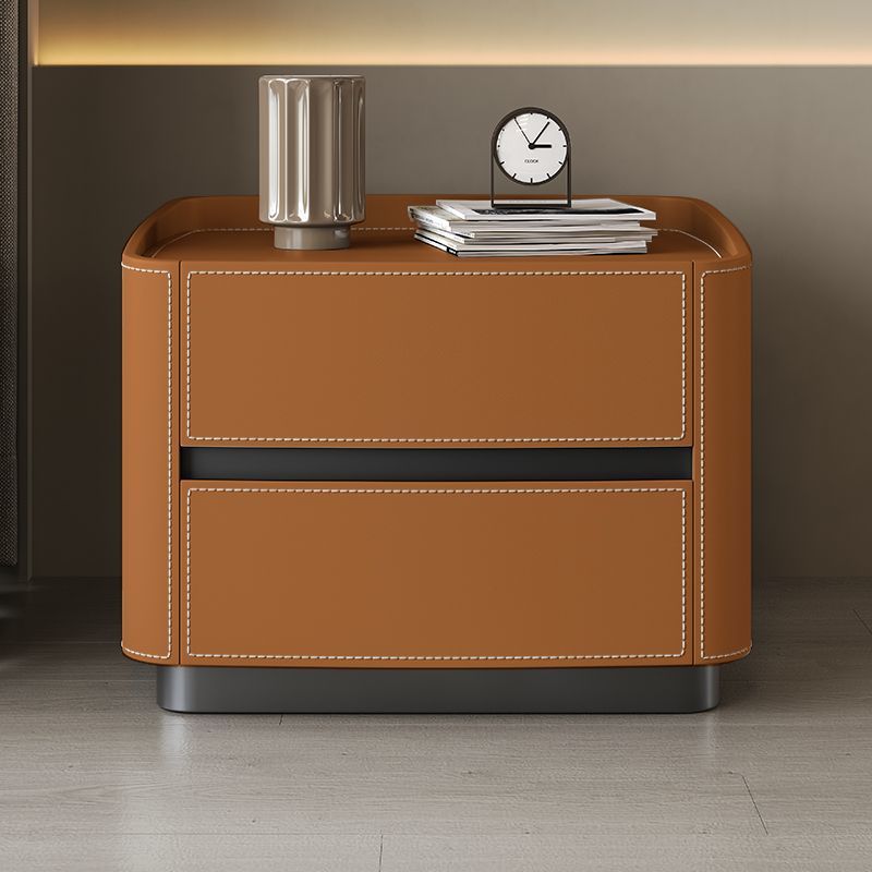 Modern Minimalist Rectangular Tabletop Solid Wood Saddle Leather Nightstand 2-Drawer For Bedroom