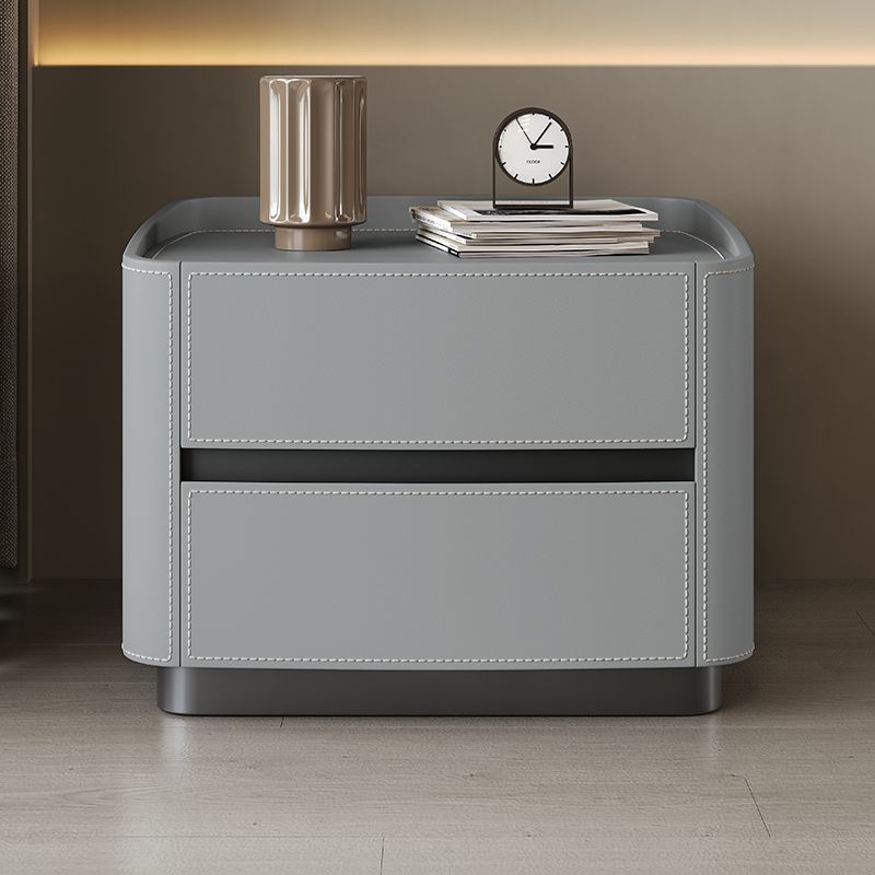 Modern Minimalist Rectangular Tabletop Solid Wood Saddle Leather Nightstand 2-Drawer For Bedroom