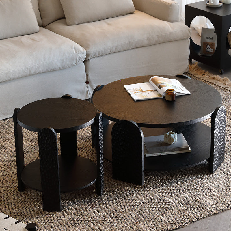 Modern Mid-Century Round Black Side Table Natural Wood Grain For Living Room