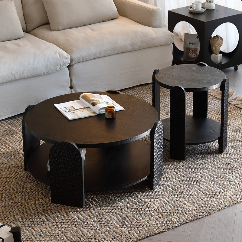 Modern Mid-Century Round Black Side Table Natural Wood Grain For Living Room