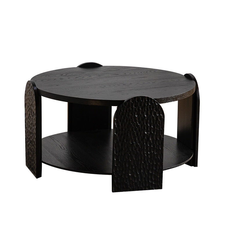 Modern Mid-Century Round Black Side Table Natural Wood Grain For Living Room