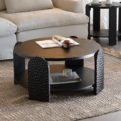 Modern Mid-Century Round Black Side Table Natural Wood Grain For Living Room