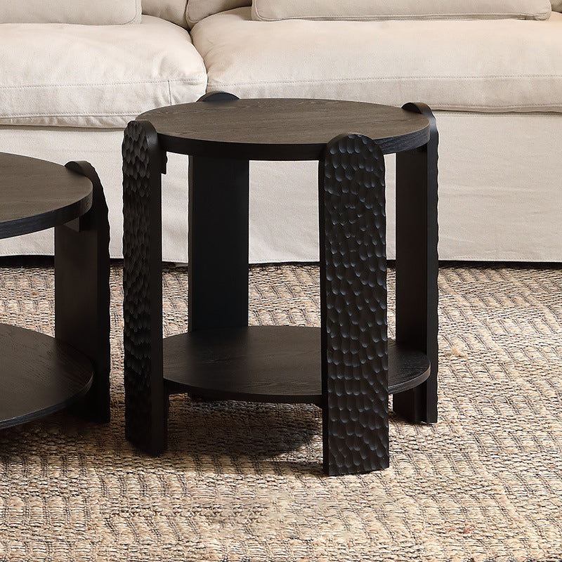 Modern Mid-Century Round Black Side Table Natural Wood Grain For Living Room