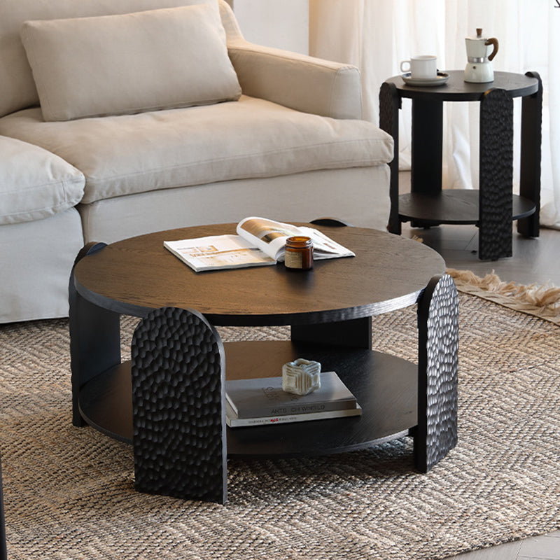 Modern Mid-Century Round Black Side Table Natural Wood Grain For Living Room