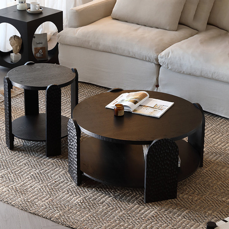 Modern Mid-Century Round Black Side Table Natural Wood Grain For Living Room
