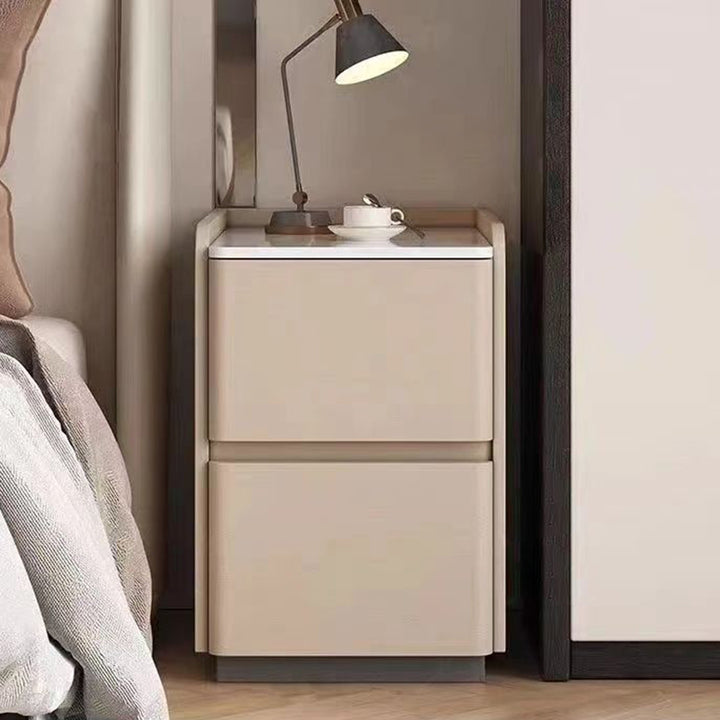 Modern Minimalist Rectangular Tabletop Rock Plate Solid Wood Microfiber Leather 2-Drawer For Bedroom