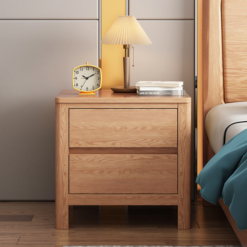 Table de chevet rectangulaire contemporaine en bois de chêne scandinave avec 2 tiroirs pour chambre 