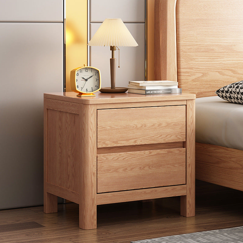 Table de chevet rectangulaire contemporaine en bois de chêne scandinave avec 2 tiroirs pour chambre 