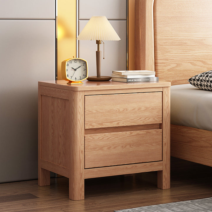 Table de chevet rectangulaire contemporaine en bois de chêne scandinave avec 2 tiroirs pour chambre 