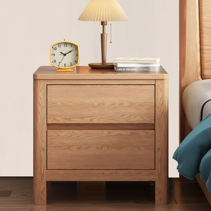 Table de chevet rectangulaire contemporaine en bois de chêne scandinave avec 2 tiroirs pour chambre 