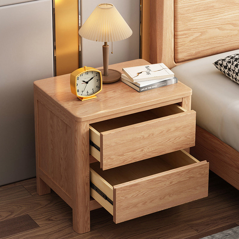 Table de chevet rectangulaire contemporaine en bois de chêne scandinave avec 2 tiroirs pour chambre 