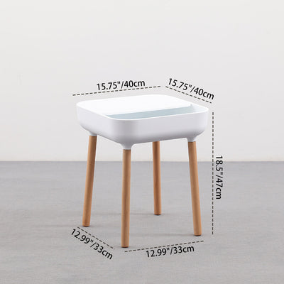 Modern Minimalist Square Desktop Plastic Nightstand With Solid Wood Legs 1-Drawer For Bedroom