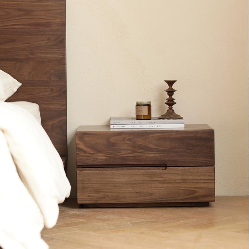 Contemporary Scandinavian Rectangular Desktop Solid Wood Nightstand With Labor-Saving Pulls 2-Drawer For Bedroom