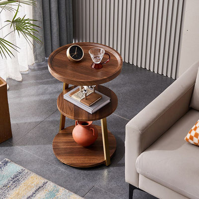 Mesa de Café Redonda Moderna Minimalista de Metal y Madera de 3 Niveles para Sala de Estar 