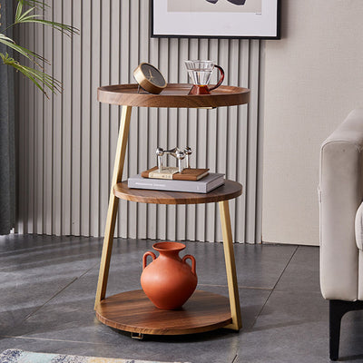 Mesa de Café Redonda Moderna Minimalista de Metal y Madera de 3 Niveles para Sala de Estar 