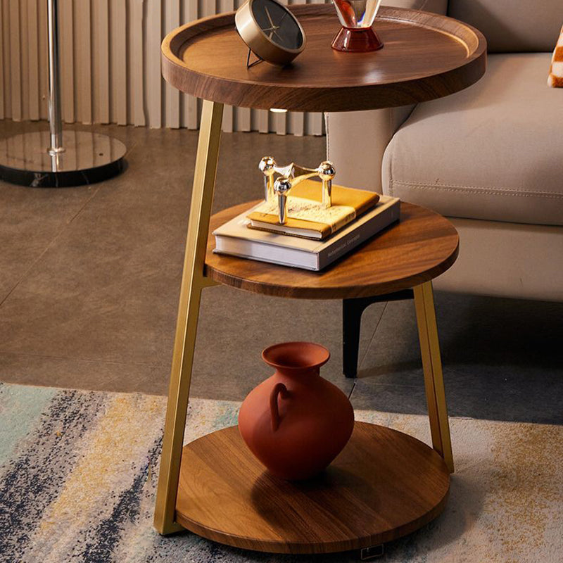 Mesa de Café Redonda Moderna Minimalista de Metal y Madera de 3 Niveles para Sala de Estar 