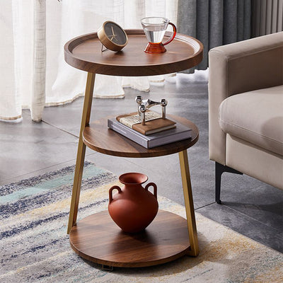Mesa de Café Redonda Moderna Minimalista de Metal y Madera de 3 Niveles para Sala de Estar 