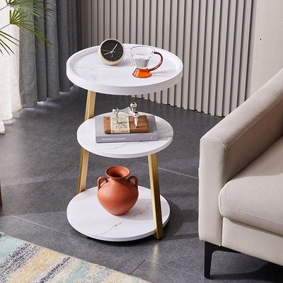 Mesa de Café Redonda Moderna Minimalista de Metal y Madera de 3 Niveles para Sala de Estar 