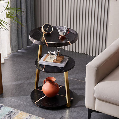 Mesa de Café Redonda Moderna Minimalista de Metal y Madera de 3 Niveles para Sala de Estar 