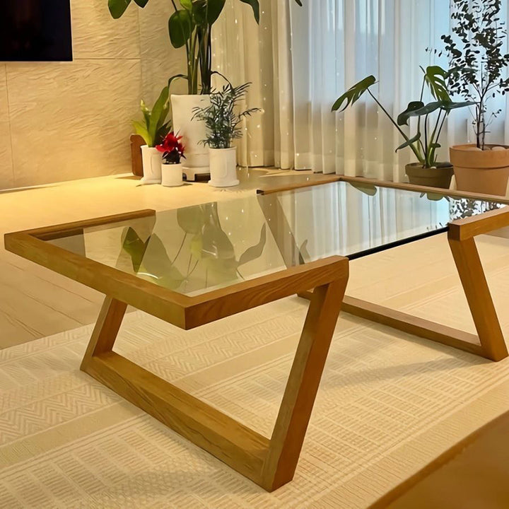Table basse rectangulaire en pin et verre de style Art déco moderne, à 1 niveau, pour salon 