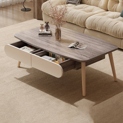 Table basse rectangulaire minimaliste moderne en MDF et bois de hêtre à 2 tiroirs pour salon 