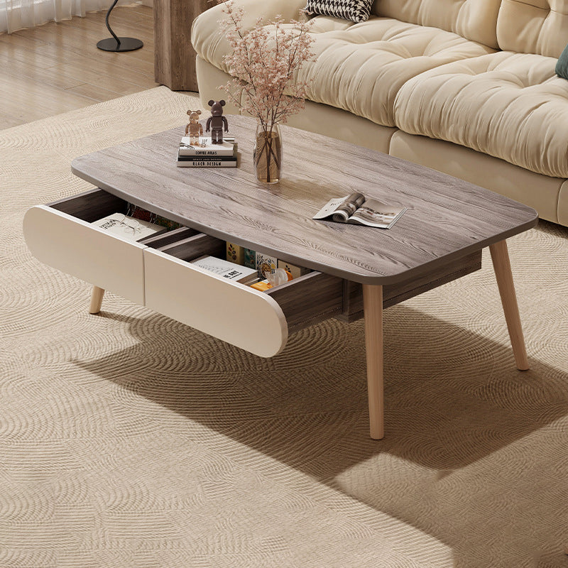 Table basse rectangulaire minimaliste moderne en MDF et bois de hêtre à 2 tiroirs pour salon 