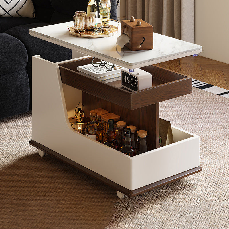Table basse rectangulaire contemporaine en dalles de roche de luxe en acier inoxydable et MDF relevable à 3 niveaux pour salon 
