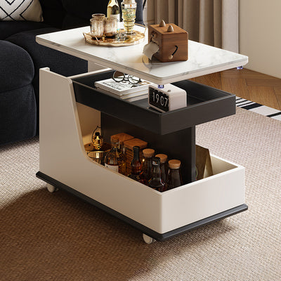 Table basse rectangulaire contemporaine en dalles de roche de luxe en acier inoxydable et MDF relevable à 3 niveaux pour salon 