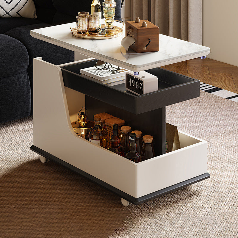 Table basse rectangulaire contemporaine en dalles de roche de luxe en acier inoxydable et MDF relevable à 3 niveaux pour salon 