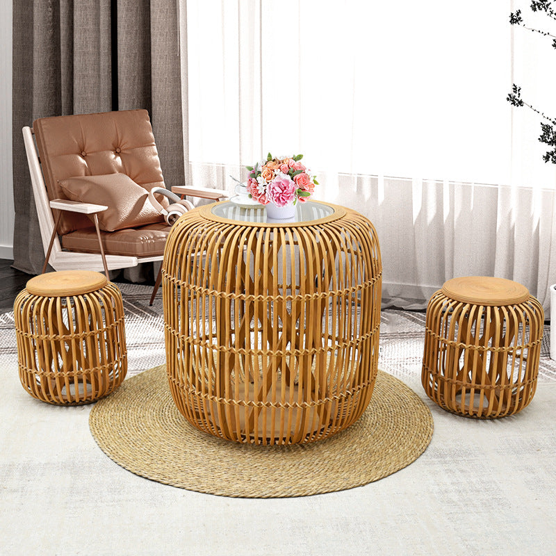 Table basse en verre tissé en bambou cylindrique traditionnel japonais à 1 niveau pour salon 