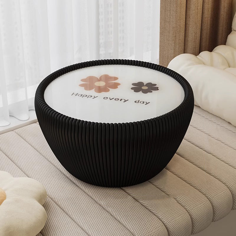 Table basse moderne minimaliste ronde en verre trempé et cuir PU 1 niveau pour salon 